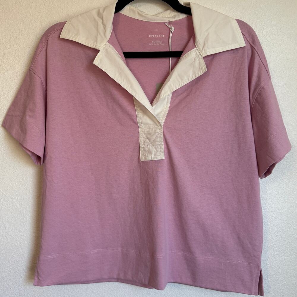 NWT Everlane The Oversized Rugby Polo Shirt Pink Purple Organic Cotton XS - Picture 2 of 11